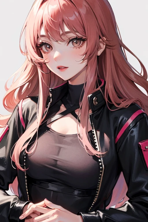 (highest resolution, distinct_image) Best quality, a female's masterpiece, highly detailed, semi realistic, pink long hair, bangs, 18 years old, young, tall and strong, black tight fitting, Pinkish-purple flight suit,Sharp Face,(brown Eyes, Hair Between Eyes), Shimmer Swirling Around Character, Fluorescent Long Coat (Broken Glass),plain white background, cold, serious, tall and handsome, authoritative, powerful, exquisite facial features, exquisite facial features