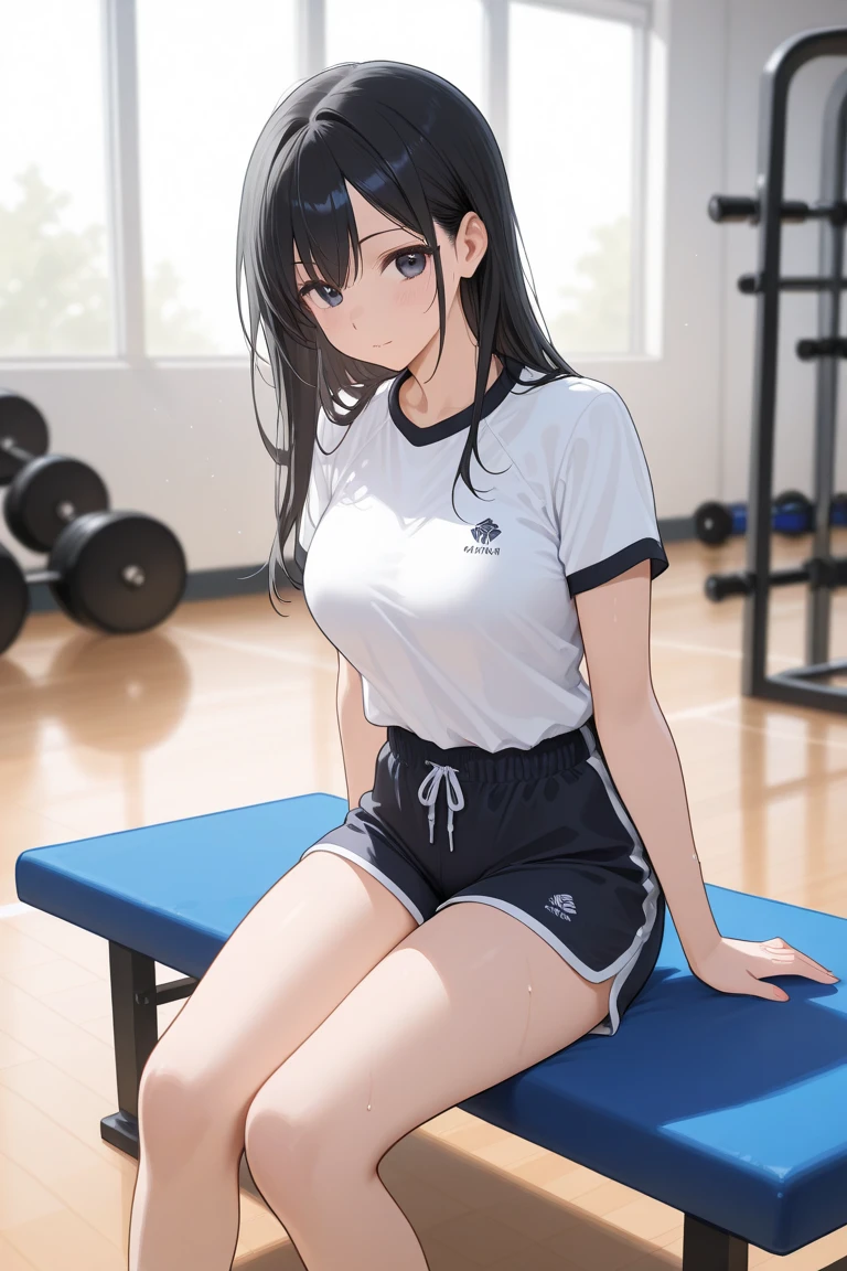 highest quality, one beautiful woman with full figure and beautiful big chest, long black ponytail, blue volleyball uniform with bold sexy pose, bloomers, smiling face, 20 year old girl, sitting on the floor with legs open, gym, volleyball court, volley, atmospheric, clean lines, ultra-detailed, realistic, HDR, UHD, sharp focus, depth of field, professional, vivid colors, physically-based rendering. The woman's hair is shiny and sleek in the well-lit gym, her uniform clings to her curves as she confidently prepares for her next game. Her smile radiates pride and determination as she sits on the floor, her