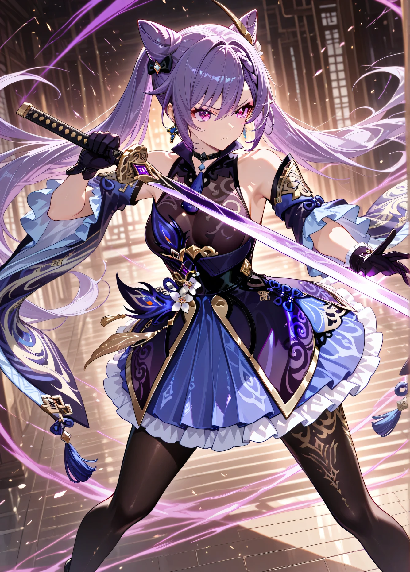 source_manga,masterpiece,best quality,hyper detailed,super fine illustration,8k,front angle,BREAK 1woman,solo,24yo,kqngdf, purple eyes, purple hair, long hair, twintails, double bun, cone hair bun, braid, hair between eyes, hair ornament, medium breasts, black choker, neck tassel, black dress, frills, detached sleeves, black pantyhose, black gloves, earrings,(holding_sword),(battoujutsu),(battle stance),(battoujutsu),standing, serious atmospheres,, masterpiece, best quality, good quality, newest, ultra quality, high detailed,(masterpiece, detailed:1.2), xss, ((high_quality)), ((Super_Detailed)), Anatomically Correct, closed shoulders, closed body, 2.5D anime style.