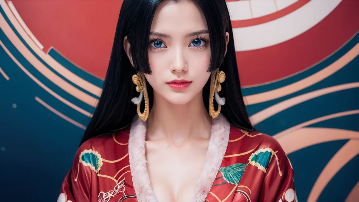 a person with long hair, red kimono, boa hancock, boa hancock from anime one piece, as an anime character, perfect anime face, she has black hair with bangs, female anime character, anime character, anime best girl, hime cut hairstyle, black hair, (red glossy lips:1.3), blue eyes, smile, sea background, (beautiful face:1.3)