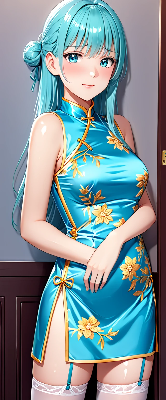 High resolution, adult woman , good lighting, despicable, , (No nudity), (((shiny cheongsam))),(garter belt),cute face, I&#39;m embarrassed and blush, humiliating, (()),