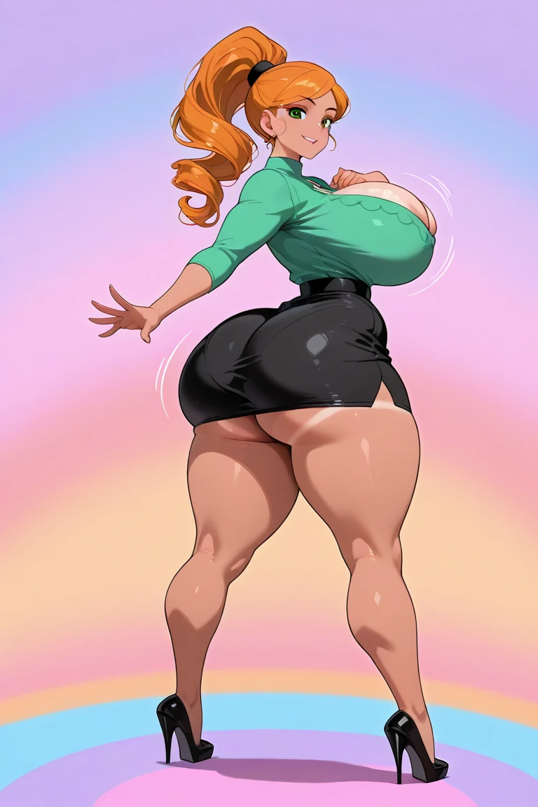 1 woman, long wavy orange hair, green eyes , sly face , glasses , white tank top , black bikini , abdomen, big breasts , Put your hands on your hips. , canvas shoes , public