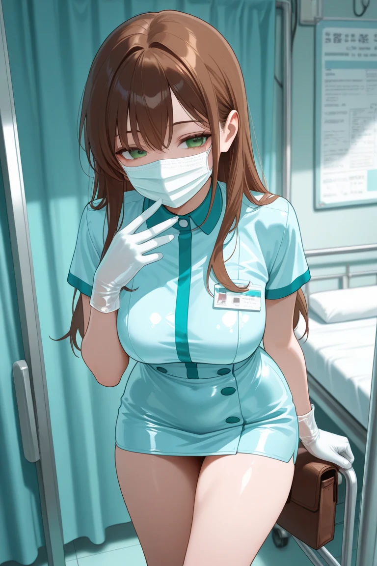 ((masterpiece, best quality, high quality)),1girl, (hospital), <lora:infirmary_v0.1:0.5> infirmary, <lora:Surgeon Outfit v2:0.8>((surgical_uniform, mask, long sleeves, surgical mask,long dress, latex gloves,surgical cap)), <lora:YuuMikihara:0.6> (yuumikihara, red hair, 1girl, solo, green eyes, long hair, large breasts, lipstick),