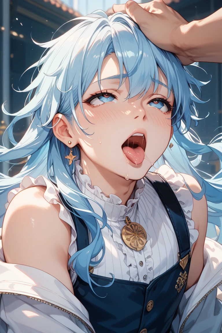 1 girl in,Hermosa nariz,Beautiful character design, ojos perfectos, Cara perfecta,ojos expresivos, Mirando al espectador,(primer plano),(Focus on her face), Arte Oficial, face, open mouth, uvula, mouth, tongue, tongue out, vore, eula, eyes yellow, blue hair, short hair, White skin