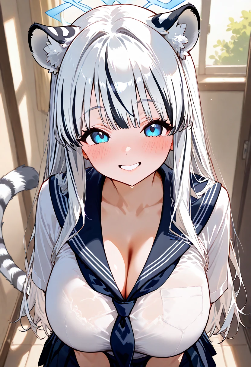 Point Of View, Cowgirl position, Cat nurse reaching for me anxiously, Hospital room, White curtains, sunlight, window, nurse's outfit, big breasts, cleavage, puffy detailed beautiful face and eyes)absurdres, perfect anatomy(kemono, angelic cute girl, solo focus)(furry anthro)(very detailed body fur)embarrassed, full-face blush, open mouth,