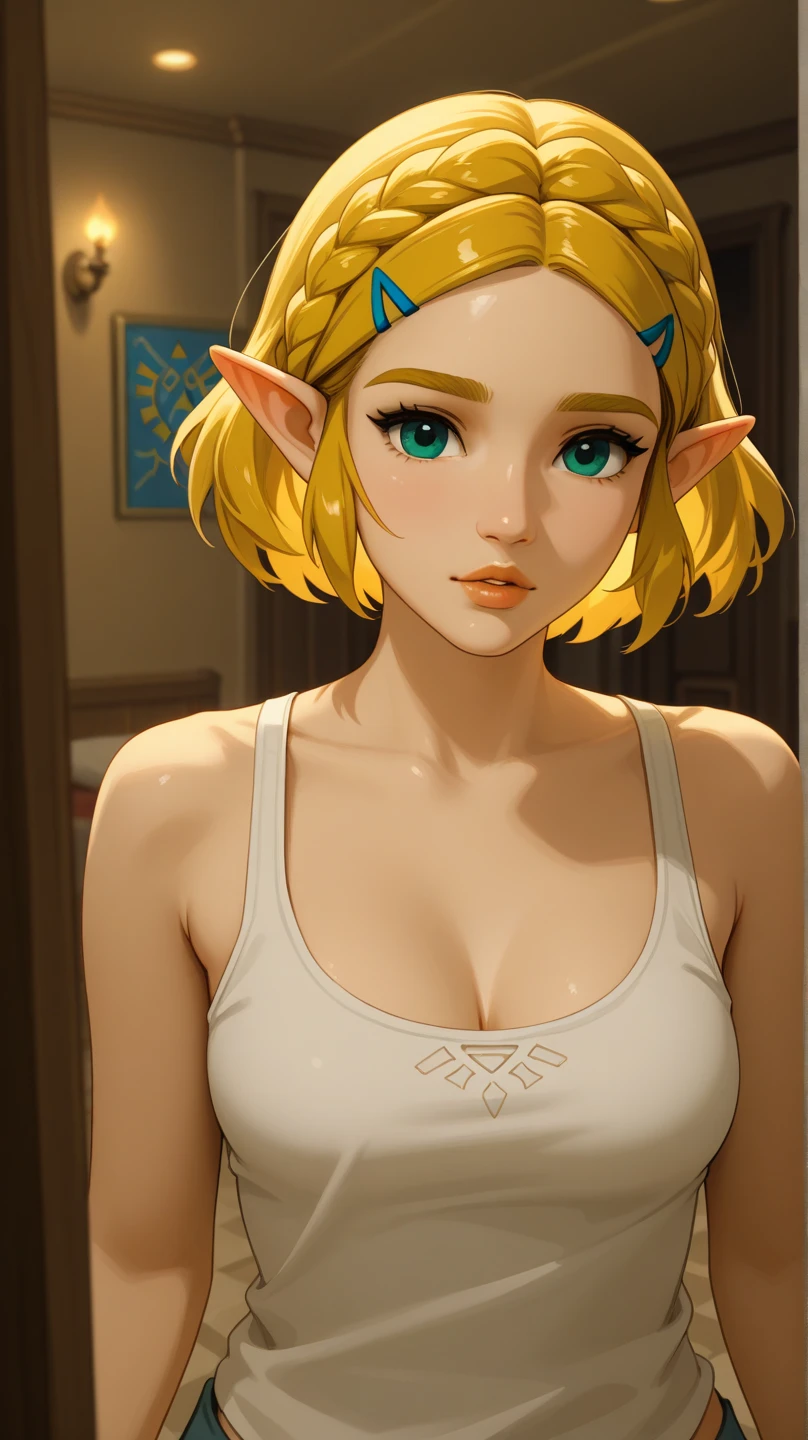 ((masterpiece)), ((best quality)), (detailed), perfect, solo, zelda, gorgeous woman, luscious lips, long hair, huge breast, deep cleavage, huge breasts, sexy,