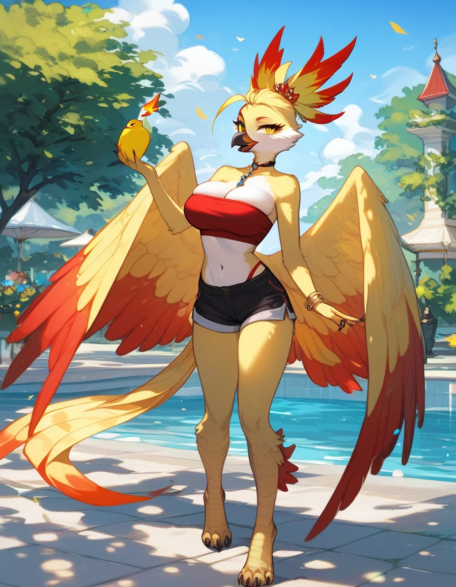score_9, score_8_up, score_7_up, an Anthro phoenix girl, avian female, red and yellow body, spikey yellow hair, wearing elegant Haori, red bandeau, black short shorts, barefoot, standing, closed wings, yellow eyes, outdoors, at a park, seductive, (big breasts)
