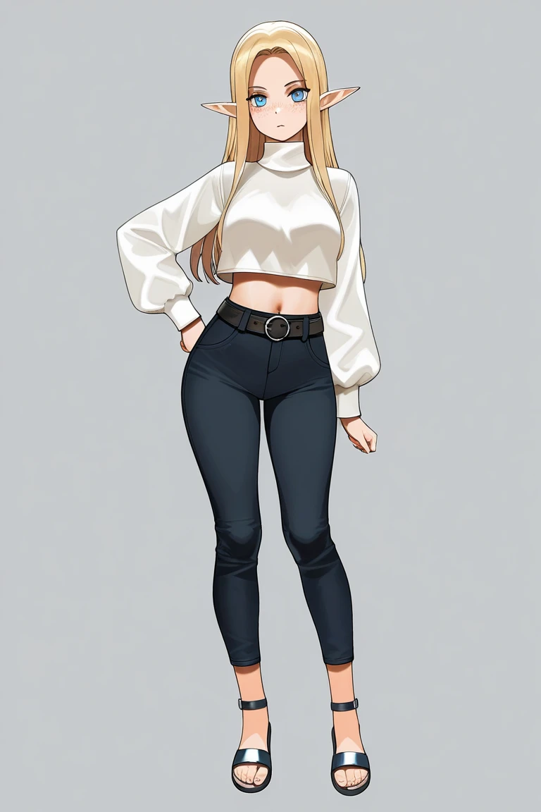 ((best quality, masterpiece:1.3, 8K)), (detailed), highly detailed face and skin texture, detailed eyes, bedroom, full body, slender body, 1girl, 25 years old, white skin, blue eyes, bright lips, worried, embarrassed, panicking, blond hair, straight hair, long hair, (forehead:0.8), blue eyes, white croptop, no sleeves, navel, jeans pants, flares jeans, blue jeans, barefoot, peeing jeans, peeing pants, pee stain, (wetting herself:1.5, desperation:1.5),