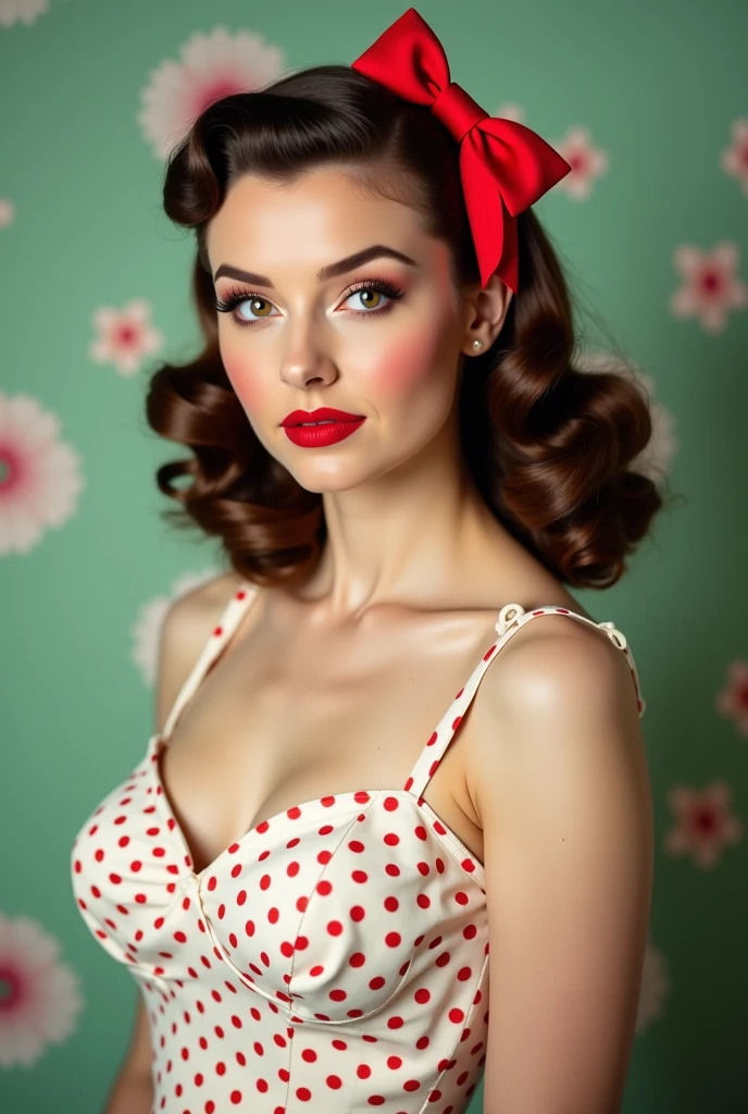Portrait of a girl who is surprised with wide open eyes and surprised eyes, mouth in the shape of the letter o in pin-up style makeup and hairstyle, against a monochromatic studio background