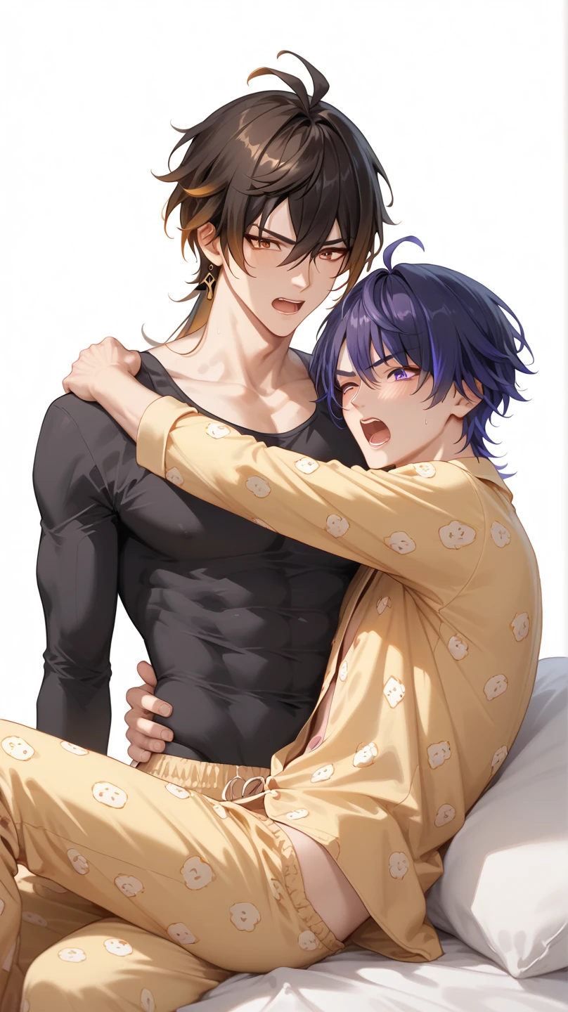 2 boys, brothers, shota, pale, brown eyes, navy blue hair, fluffy hair, cute faces, boy one smiling, boy two pouting, blushing, cuddling, shirtless, bathing shorts, bed, thick thighs, wide hips (masterpiece, best quality, ultra-detailed)