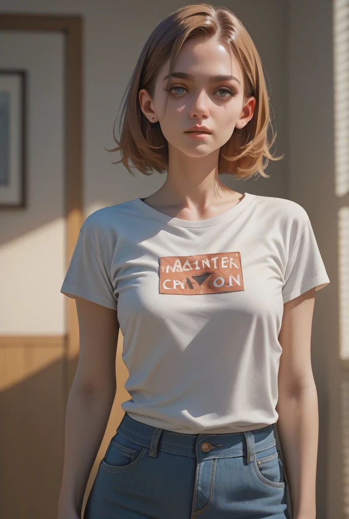 raw photo, a 50 year old ukrainian woman, cool red balayage, short hair, big lips with filler, Many wrinkles, medium size chest, hourglass shaped body, wearing t-shirt and leggings, (soft backlight), realist, Masterpiece, of the highest quality, Lens flare, [[chromatic aberration]],best shadow, photorealism, hyperrealism
