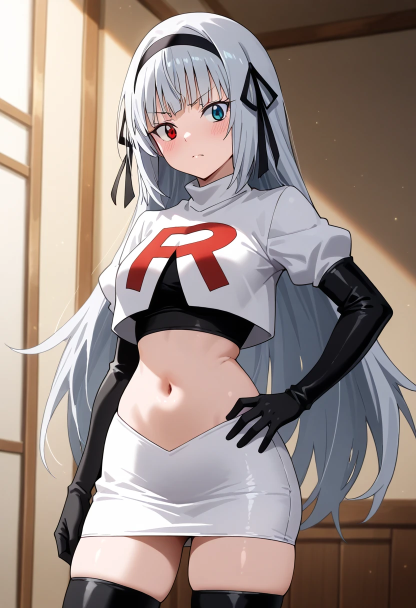 
é˜¿èŽ±å…‹è¥¿äºšÂ·ç±³å¾·å˜‰å°”,1girl,solo,long hair,white hair,sidelocks,very long hair,bangs,twintails,hair ornament,red eyes,black bow,hair bow,parted bangs,two side up,
large breasts, Exquisite visuals, high-definition,masterpiece,best quality,expressive eyes,
looking at viewer,
highres, absurdres,team rocket,team rocket uniform,white skirt,red letter R,crop top,black thigh-highs,black elbow gloves