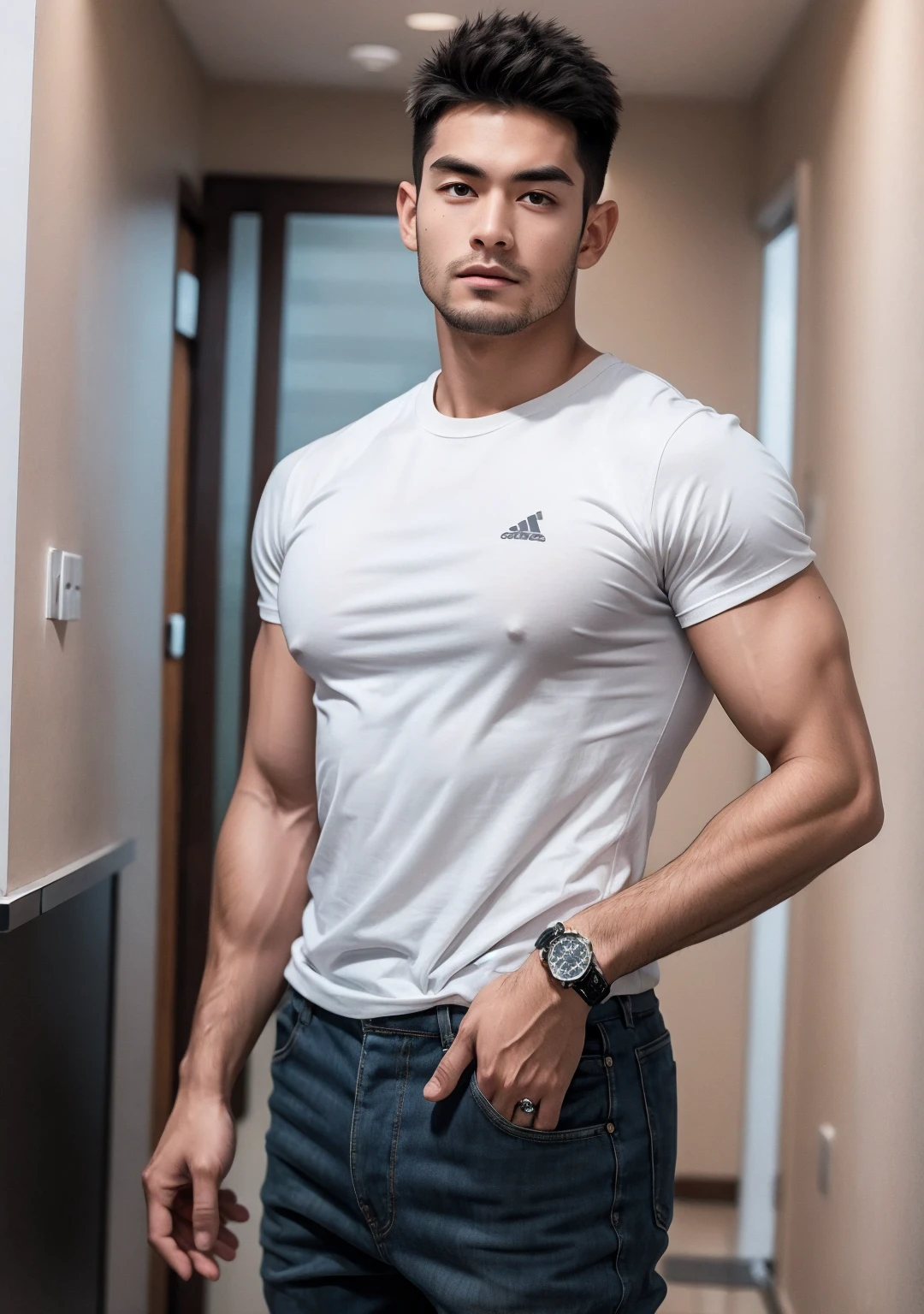 Change background, gym body, White check shirt 8k resolution, No change face