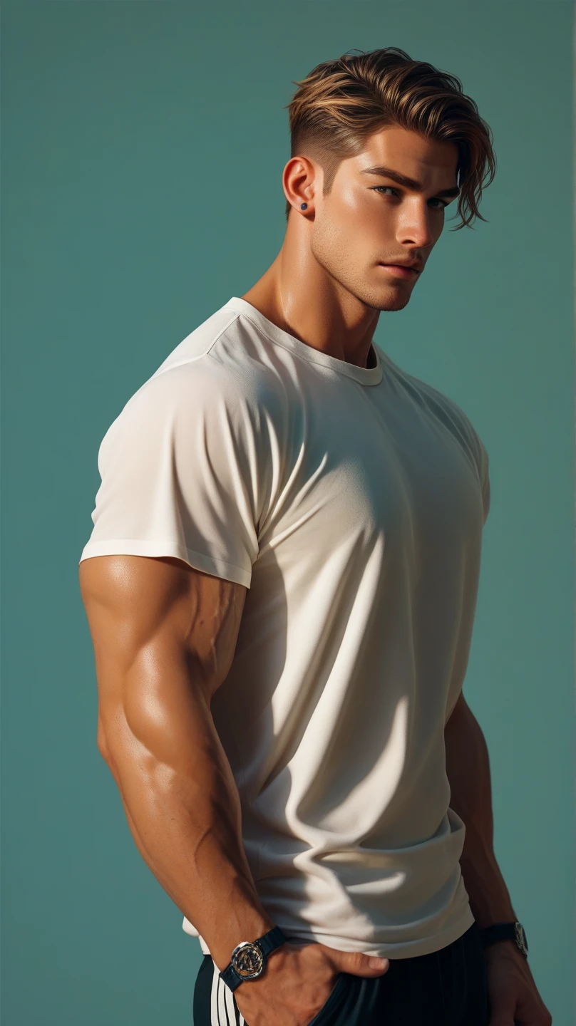(((2boy))),Realistic, ((Masterpiece)), ((Best quality)), (Detailed), Cinematic, Dynamic lighting, soft shade, Detailed background, Professional photography, Depth of field, Intricate, Detailed face, Subsurface scattering, photo-realistic hair, Realistic eyes, Muscular, Manly, buzz cut,Handsome photo (Latino men), Mecha 4RMOR, Open coat,chest muscle,Abs, Glowing, Dynamic pose, Desert background,stubbles, Pants,The crotch is raised,White leggings sweatpants,the night,Huge lunar crossing,Stand up