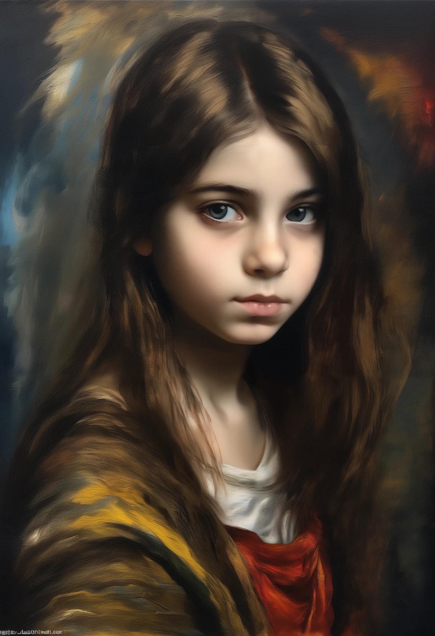 [[((Dark Studio), young girl with brown hair / Boris Valekho style:0,7 / William Turner:0,7 / El Greco:0,9 [ Sienna:0.33 / Atlas:0,2 / henna:0,33 / Crimson:0,2,   Very colorful  , ((oil painting with palette  ))((  Masterpiece )),((   highest detail))]]
