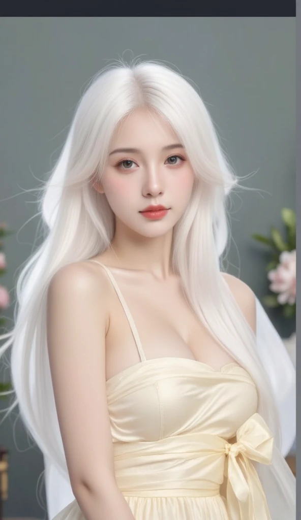 masterpiece, Best quality, Almost Perfect, (perfect face:1.1), (high detail:1.1), Dramatic, (1 person), pale skin, (Long pure white hair:1.4), white eyes, Otto Sepalainen, One, long hair, white luxury suit, Cover your navel, a snob, Albinism, Luminous Studio graphics engine, pouting, Demonic Mage, Volumetric lighting, Tender eyes, (8k wallpaper masterpiece), super detailed, complex parts, Absolutely pixel perfect, Rose, fashion, Side, I look at the audience, Balenciaga Style