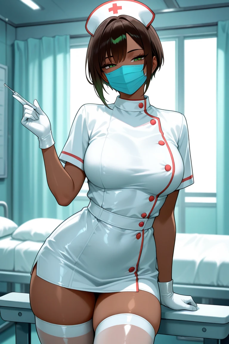 girl, 18 years old, brunette, short hair, bob, flirtatious look, green eyes, slightly open mouth, round ass, bikini tan, pubic hair, nurse, short nurse dress, buttons undone on chest, tight clothes, pink lace underwear, white gloves on hands, long white stockings with garters, looking at viewer, from the front, one leg on table, skeleton standing next to table, doctor's office, camera shot,
