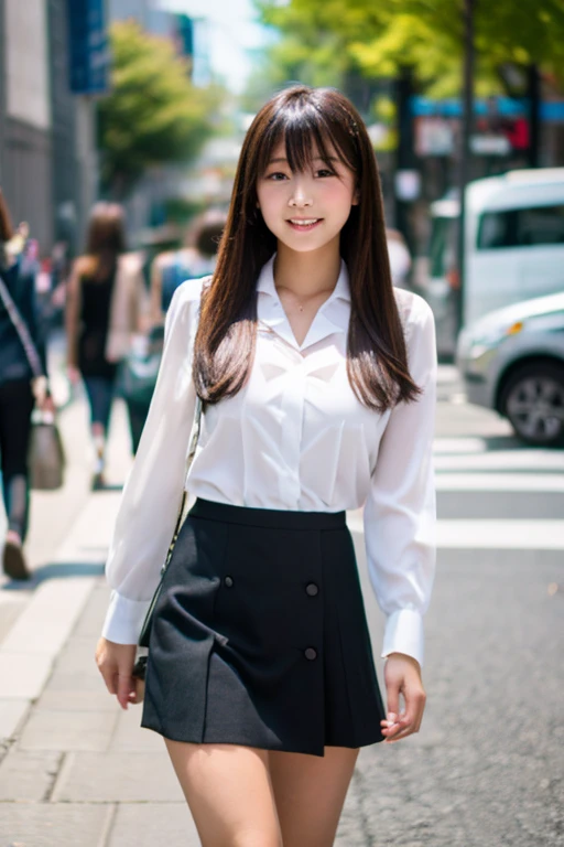 Top quality, 1 beautiful woman, long Hair, brown hair, wearing Camisole & skirt, shy-smile, Sunlight, at street