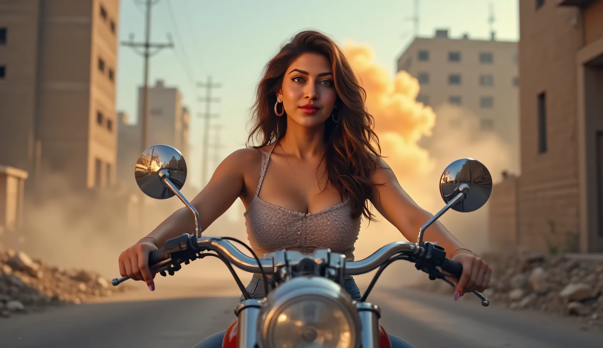 pov of bike riding, sonarika bhadoria riding classic retro cruiser bike, large breasts, cleavage, city, high speed, destroyed city, explosion, dynamic, detailed portrait of woman, photorealistic,realistic, highly detailed, intricate, 4k, hdr, studio lighting, sharp focus, physically-based rendering, professional, vivid colors, urban landscape, crumbling buildings, debris, smoke, bright blue sky, golden hour lighting, motion blur, volumetric lighting