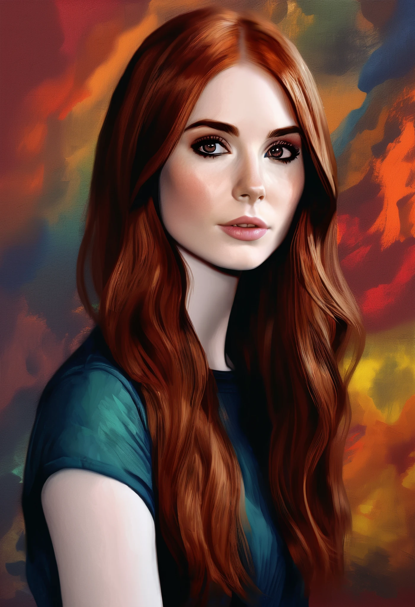 [[((Dark Studio), young Karen Gillan with brown hair / Boris Valekho style [ Sienna:0.33 / Atlas:0,2 / henna:0,33 / Crimson:0,2,   Very colorful  , ((oil painting with palette  ))((  Masterpiece )),((   highest detail))]]