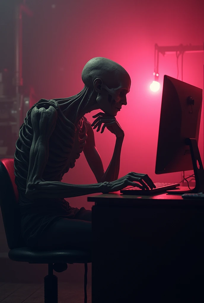 Skinny, big-eared man starves while naked on computer