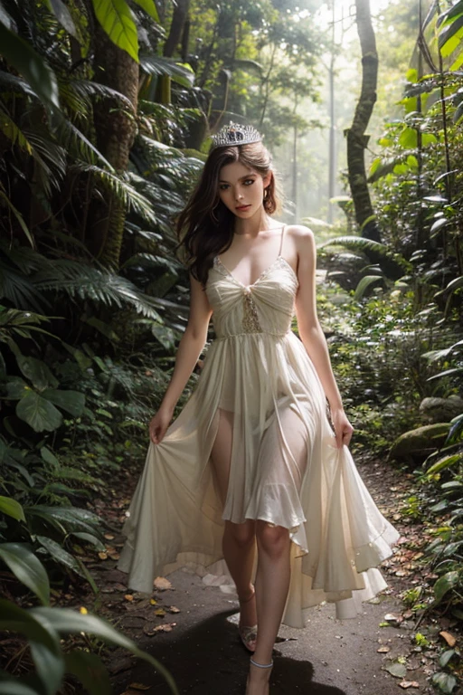 A seductive elf in an enchanted forest, with pointed ears and bright eyes that stare intensely. She wears a white and ethereal transparent dress that highlights her curves., decorated with delicate elven jewels. His posture is provocative., with one hand resting on her hip and the other playing with a strand of her long wavy hair. The environment around you is full of exotic flowers and luminescent plants., with a soft, golden light that enhances the magical and sensual atmosphere of the place."