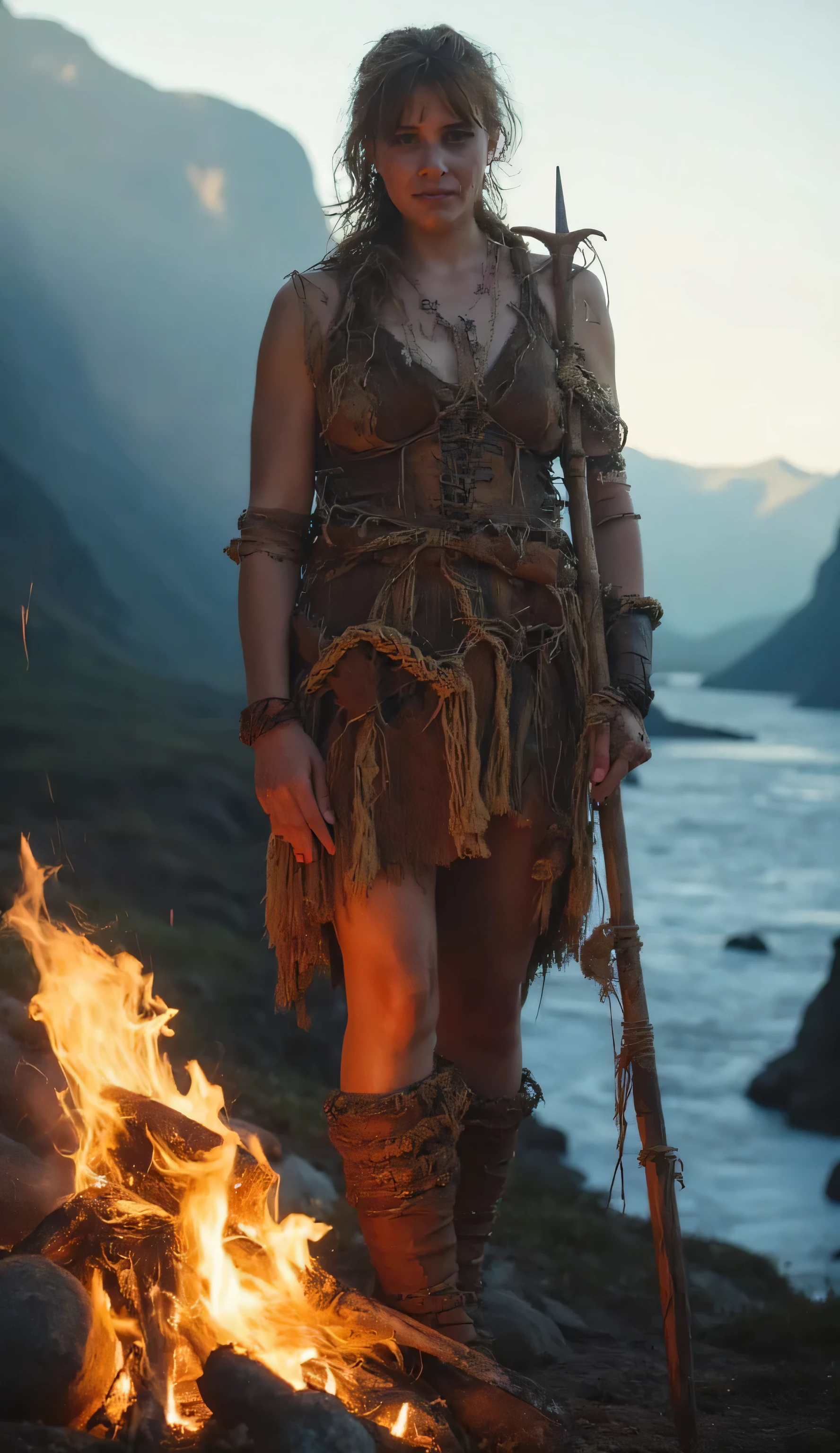 HYPERREALISTIC PHOTOGRAPHY, SPONTANEOUS PORTRAIT, DECREASING SCALE PERSPECTIVE, (OF A PREHISTORIC MATURE WARRIOR WOMAN), NORDIC, INDOMITABLE WILD, LARGE, ROBUST BODY, (VERY MUSCULAR), THICK LEGS, WIDE HIPS, BEAUTIFUL WAIST, (CLIMBING A SHARP MOUNTAIN), IN HER HAND HER WARRIOR SPEAR, SHE LIGHTS THE FIRE OF A CAMPFIRE ON THE BANKS OF A STORMY RIVER, IN THE BACKGROUND A HIGH CLIFF THE LIGHT OF THE LAST SUN OF THE DAY IS REFLECTED IN IT, HER FACE A WARRIOR EXPRESSION, AT DUSK YOU CAN NOTICE THE CONTRAST OF LIGHT TYPICAL OF THE SCENE, SHE IS DRESSED IN RUSTIC CLOTHES MADE WITH SKINS AND ROPES ADJUSTED TO HER WARRIOR FIGURE, HIGHLIGHTING HER WELL-DEFINED CURVES AND MUSCLES, WITH AN EPIC ATMOSPHERE, PHOTOGRAPH TAKEN WITH NIKON Z9 CAMERA NIKOM 50MM F11 LENS, LIGHTING OF THE ENVIRONMENT, LIGHT CONTRAST, (A LOT OF CONTRAST BETWEEN WARM AND COLD LIGHT). DRAMATIC LIGHT, THE COMPOSITION FOLLOWS THE RULE OF THIRDS, DECREASING SCALE PERSPECTIVE WITH GEOMETRIC PERSPECTIVE, REALISTIC AND NATURAL SKIN TEXTURE, HIGH RESOLUTION, HD, 8K, (MAXIMUM SHARPNESS), VERY SHARP AND DETAILED EYES, (PERFECT HANDS AND FINGERS, WELL DEFINED)--chaos50,--cw50,--s500