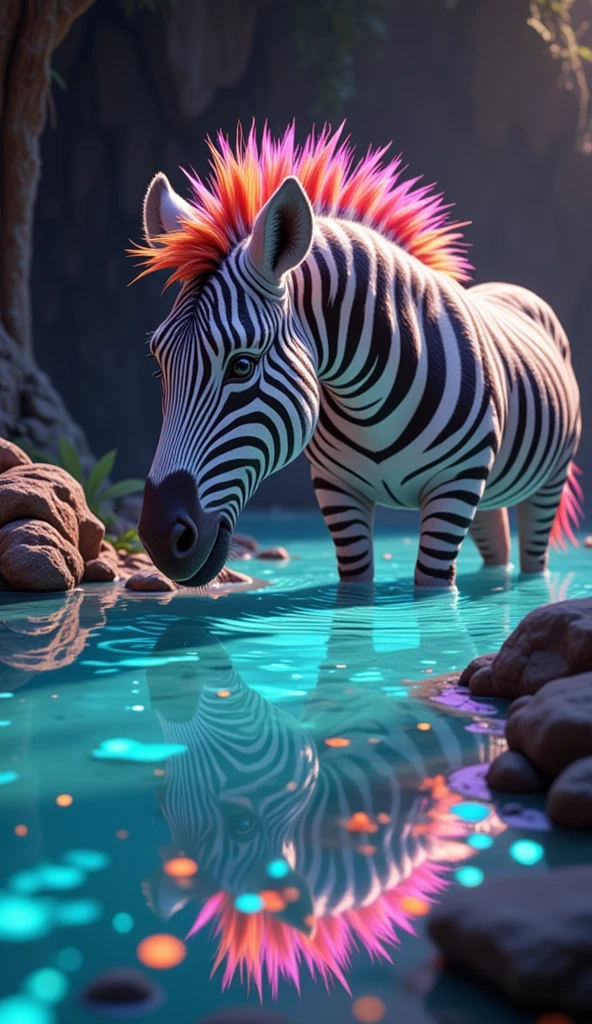 ((best quality)),((masterpiece)), hyper realistic illustration, (((ultra detailed)),, Scene structure: Enchanted forest: Winged zebras and flamingos dancing Hawaiian. Dense tropical forest. Wet rain. Beautiful sunset falling, movie light, cinematic, intricate details. Foliage rich in detail by Pixar, Walt Disney,, award-winning work, chromatic, 8K, motion blur, cinematic lighting, depth of field, reflection light, god rays, glowing light, blending, drop shadow, masterpiece,, high res,, ((intricate)), Neon lights in the background