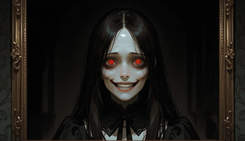 a gothic victorian vampire. dark candlelit room. (teeth:1.6) , kkw-skin-det-all_checkpoint_skin_detail_-_skin_detail_v1.0, overalldetail-detail_++_-_overall_detail , cotton dress