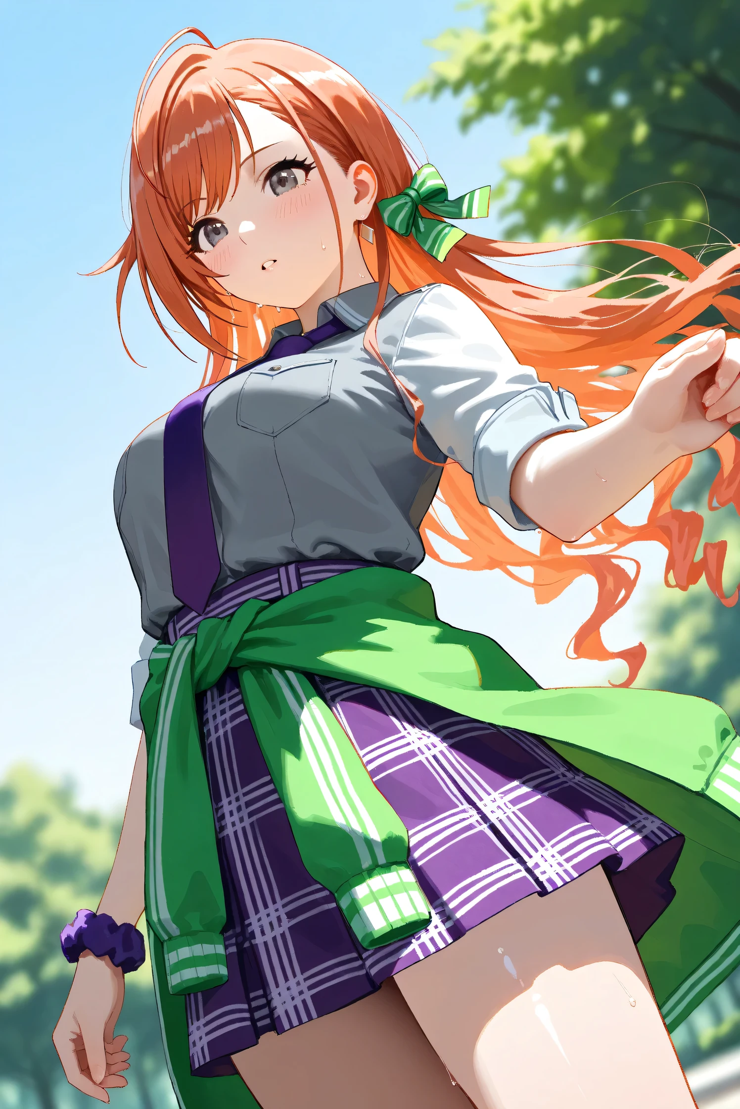 (Masterpiece), (Highest quality), (Very detailed),
(The best shape), (Best Shadow), (Absurd),
(Detailed background), (So beautiful), Shiny ,
Extraordinary, Countershading, 8k, 32K, High resolution, Beautiful eyes in every detail,
Very Detailed CG, UHD,
Score_9, Score_8_up, Score_7_up, Source_anime,
(Pastel painting:1.2), (Watercolor painting:1.2),
(Masterpiece, Detailed:1.2), (Foreshortening:1.2),
Cinematic, Dramatic, (Depth of field:1.4),
(Blurry background:1.4), (Realistic background:1.4),
(Foreshortening:1.3),Dynamic angle, from below,
Outdoor, Summer, Nature, Park, Wind, blue sky,
Arisugawa Natsuha,
the idolmaster shiny colors,
natsuhaarisugawa, 1girl, solo, orange hair, long hair, ahoge, swept bangs, black eyes, busty, hair ribbon,
green ribbon,
(casual wear:1.2),
formal shirt, gray shirt, Short-sleeved shirt,
tie, purple tie,
miniskirt, (purple miniskirt:1.3), Check pattern miniskirt,
Tie jacket around her waist, (Souvenir Jacket:1.1), green jacket, white sleeves jacket,
Wear a scrunchie on her left wrist, purple scrunchie,
Portrait, upper body, Focus on face, close up shot,
(Blush:1.3), sweat, Parted lips,
Realistic skin, Shiny skin,
standing,