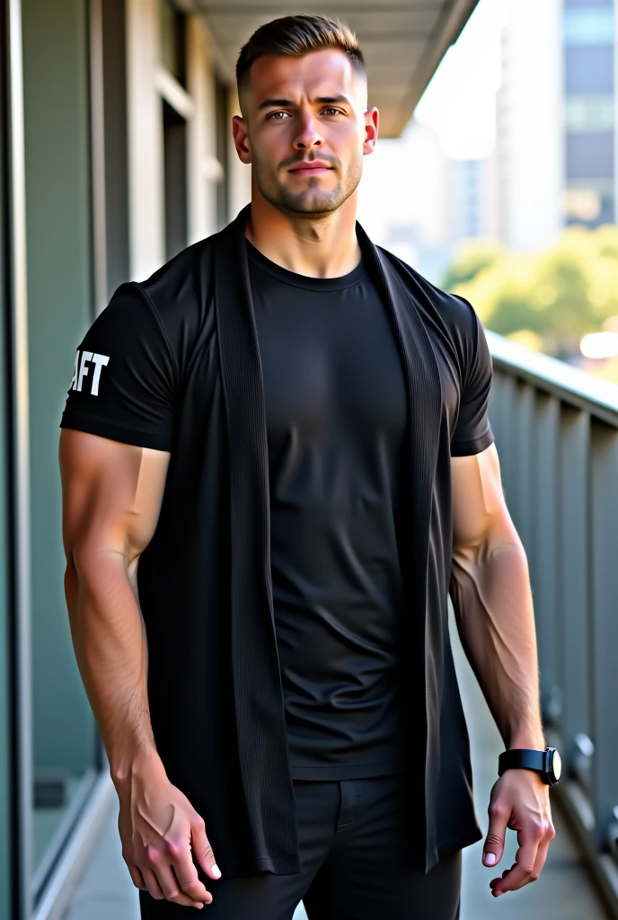 low-angle perspective capturing tall, toned man, gazing upwards confidently, adorned dark casual sportswear, short-sleeved, zippered jacket, loose trousers, masterpieces, smartwatch encirc,best quality,masterpiece,