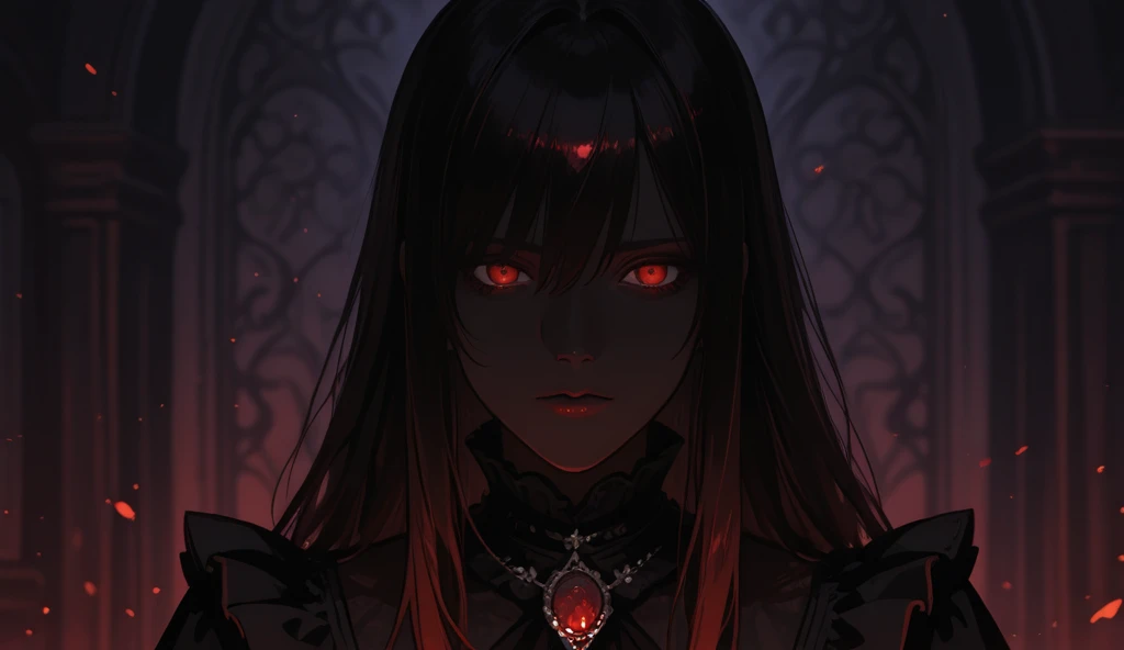 messenger of hell, anime girl with horns and red eyes in a black dress, demon anime girl, with red glowing eyes, demon girl, with glowing red eyes, portrait of demon girl, woman made of black flames, badass anime 8 k, zerochan art, by Yang J, dark fantasy style art, portrait of a female demon, detailed digital anime art, epic anime style, realism