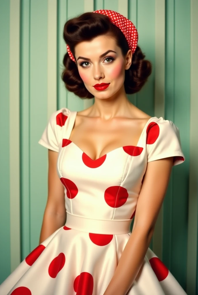 Full length photo of a girl squinting her eyes, realistically portraying a 35 year old woman as sexy Phoebe Tonkin and emotional she has big green eyes. She has brown hair, one eye is closed creating a mysterious and sexy image. Model dressed in pin-up style, Bob hairstyle. Her plump red lips make her look sexy. She has small breast size. She imitates an American housewife squinting her eyes., posing in various sexual positions. Against a white background, she appears in a red retro dress with large polka dots with a fluffy, voluminous ballerina skirt. She has a red bandana on her head, and on her feet there are red stockings. The photo is made in pin-up style, emphasizing the retro-USA vibe. She pursed her lips into a tube, slightly opened her mouth, squinted her eyes, and licked the lollipop., she has very big lips, her lips are big and red, one eye is closed, she laughs