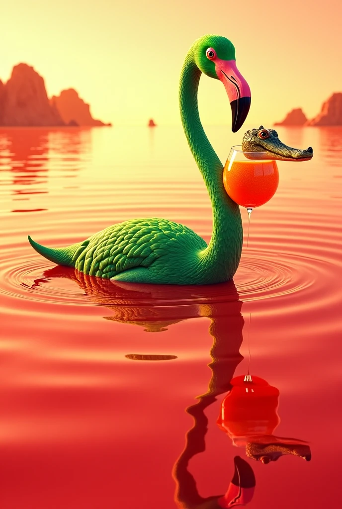 Sexy, female red-crowned crane, wearing her red bikini, sitting in her inflatable raft, in middle of a swimming pool, she is pulling out the air plug, raft leaking air, deflating