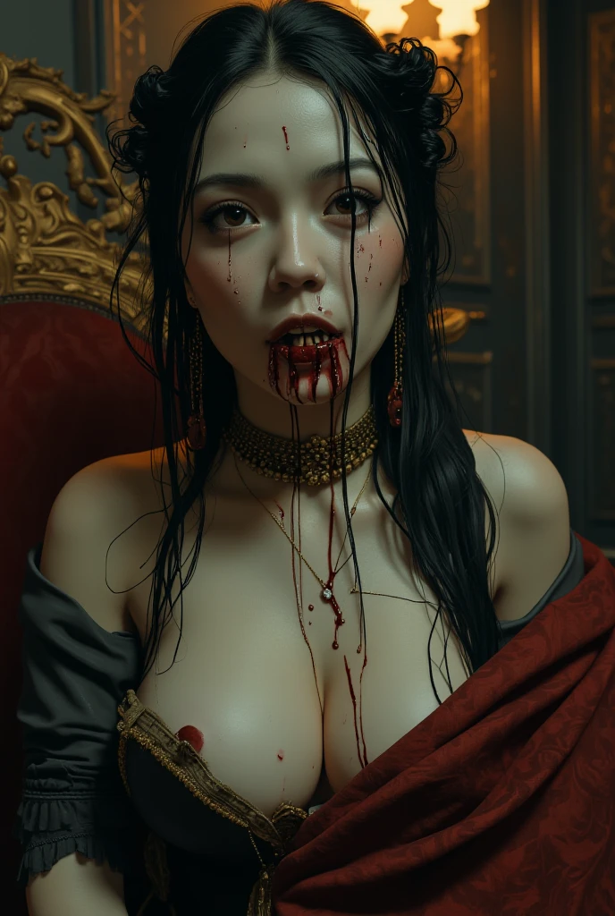 gothic lady with blood on her face in the middle of demons and little mice. imagen realista como caravaggio.