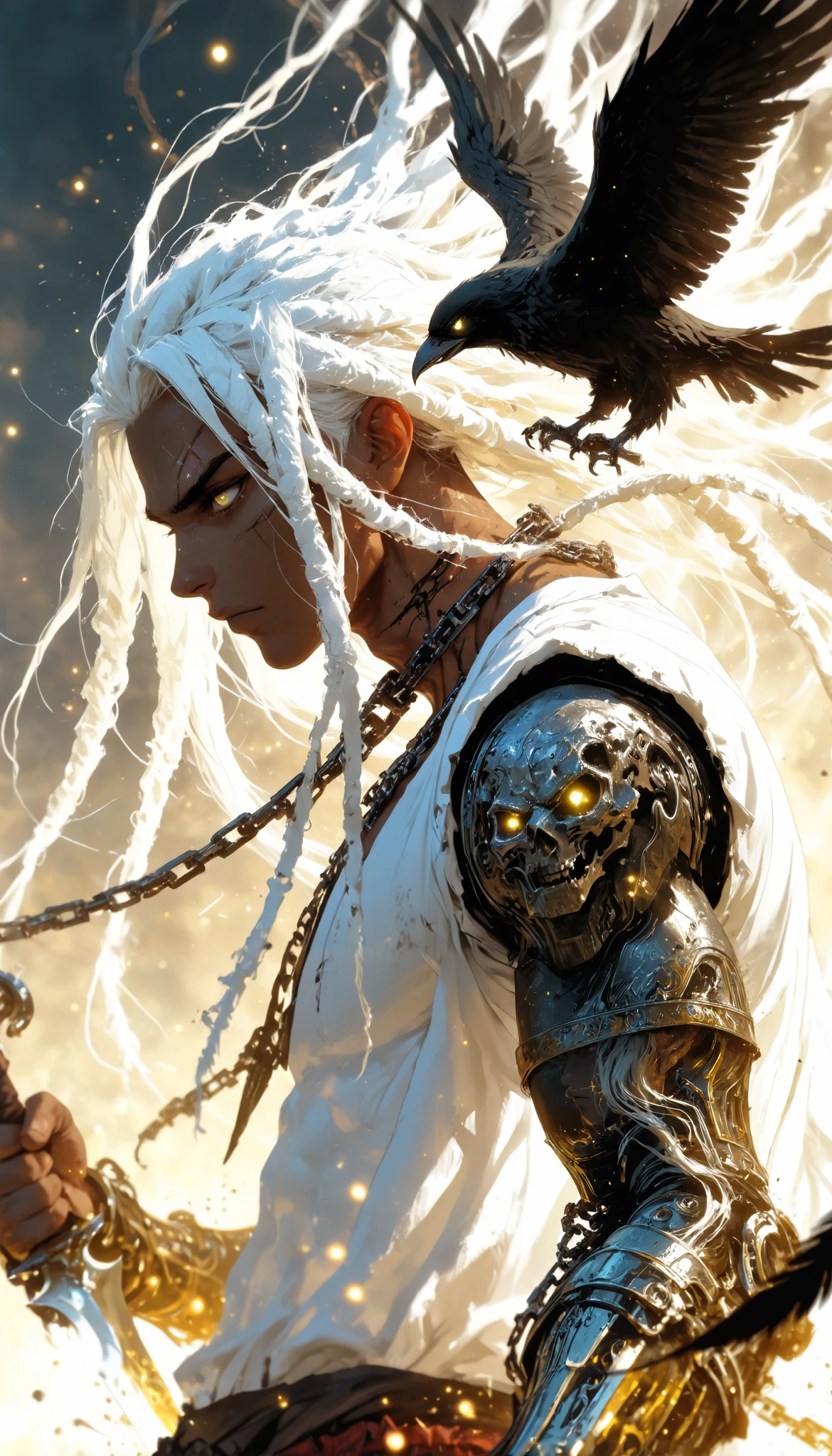 ((a boy)),dark skin,foreground,dynamic blur,dynamic pose,white hair,long hair,dreadlocks,((giant facial scar)),bright yellow eyes,metallic arm,damask steel dagger,From very close,desenfoque de movement,((rostro en foreground)),(from side:1.2),(portrait:1.2),muscular,particles,speed,movement,action,Falling crow feathers,white shirt,chain on the neck,Face at peace ,rage,Ira,attack