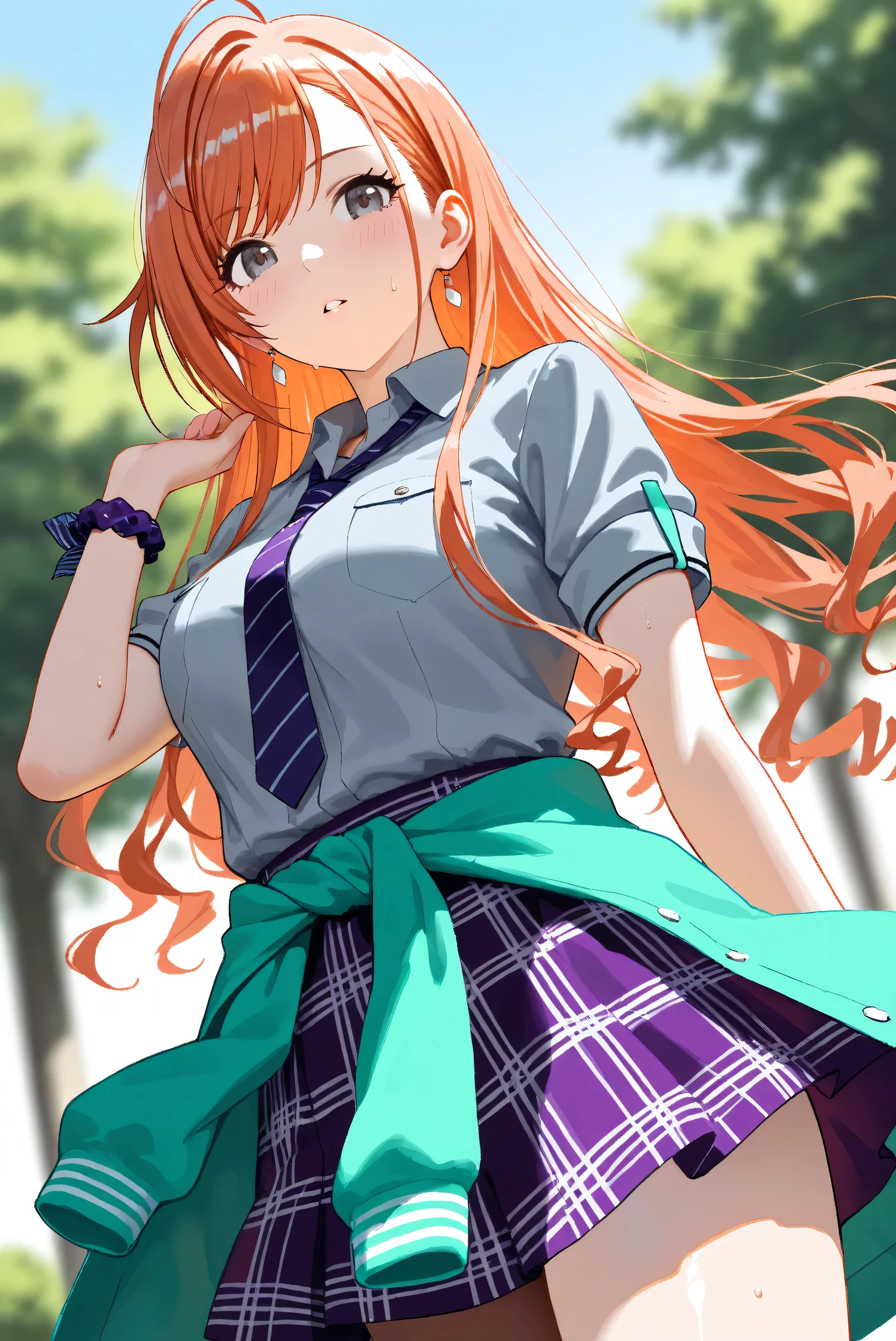 (Masterpiece), (Highest quality), (Very detailed),
(The best shape), (Best Shadow), (Absurd),
(Detailed background), (So beautiful), Shiny ,
Extraordinary, Countershading, 8k, 32K, High resolution, Beautiful eyes in every detail,
Very Detailed CG, UHD,
Score_9, Score_8_up, Score_7_up, Source_anime,
(Pastel painting:1.2), (Watercolor painting:1.2),
(Masterpiece, Detailed:1.2), (Foreshortening:1.2),
Cinematic, Dramatic, (Depth of field:1.4),
(Blurry background:1.4), (Realistic background:1.4),
(Foreshortening:1.3),Dynamic angle, from below,
Outdoor, Summer, Nature, Park, Wind, blue sky,
Arisugawa Natsuha,
the idolmaster shiny colors,
natsuhaarisugawa, 1girl, solo, orange hair, long hair, ahoge, swept bangs, black eyes, busty, hair ribbon,
green ribbon,
(casual wear:1.2),
formal shirt, gray shirt, Short-sleeved shirt,
tie, purple tie,
miniskirt, (purple miniskirt:1.3), Check pattern miniskirt,
Tie jacket around her waist, (Souvenir Jacket:1.1), green jacket,
Wear a scrunchie on her left wrist, purple scrunchie,
Portrait, Upper body, Focus on face,
(Close up shot:1.3),
(Blush:1.3), sweat, Parted lips,
Realistic skin, Shiny skin,
standing,