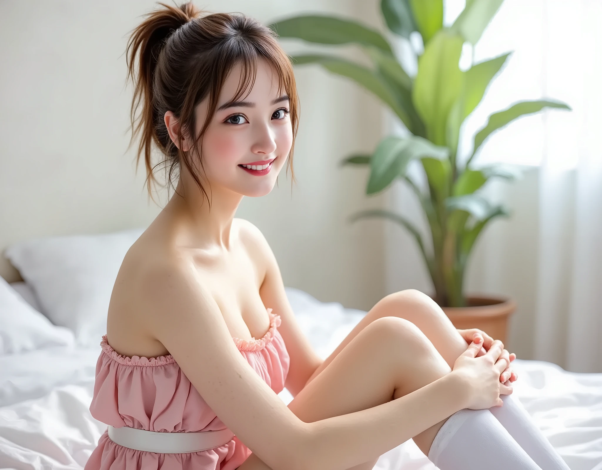 finely detail, hight resolution, hightquality、Perfect dynamic composition, Beautiful detailed eyes, Medium Hair, small tits、Natural Color Lip,Kamimehibuya、20 years girl、1 persons、Transparent skin、Glowing hair、masutepiece, Best Quality, Illustration, Ultra-detailed, finely detail, hight resolution, 8K、The correct state of the human body、Randomly cute poses,Ponytail hair,beauty legs,Perfect beautiful face,KPOP Idol Face,Face that feels ecstasy,turqoise tank top,Background blur, exposed cleavage