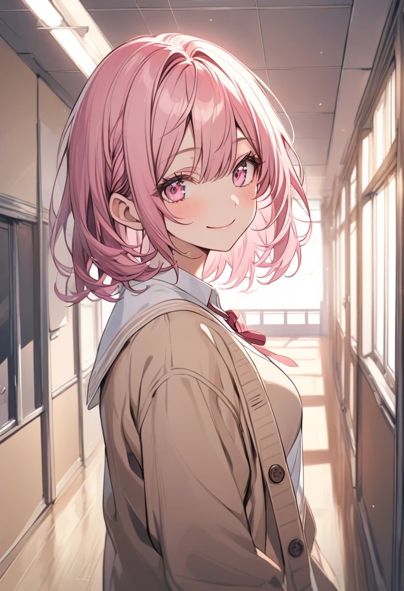 Anime girl with pink hair and bunny ears in pink tie, pink eyes, shy blush