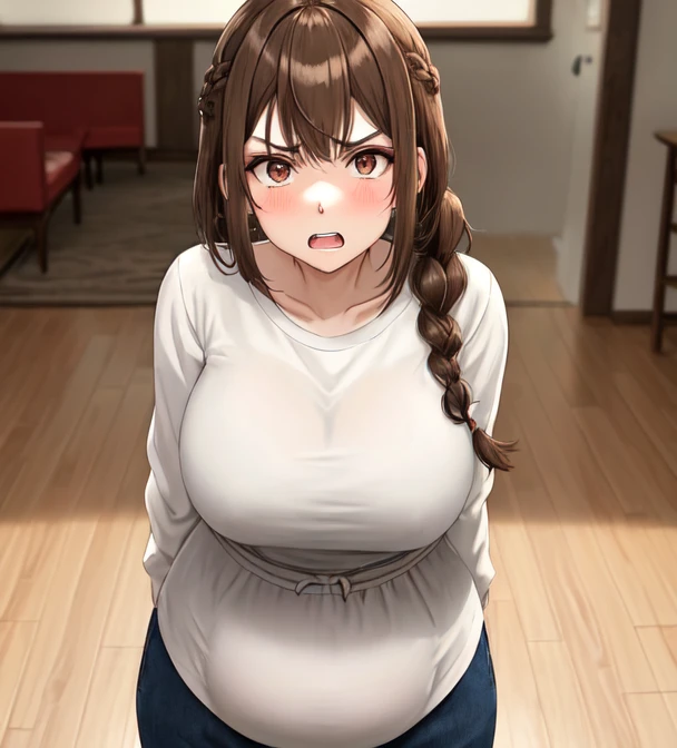 masterpiece, 8k, high quality,curvy woman, pointing with finger, angry, brown sweater and white jeans, breasts marked, huge breasts, long hair, pink skin