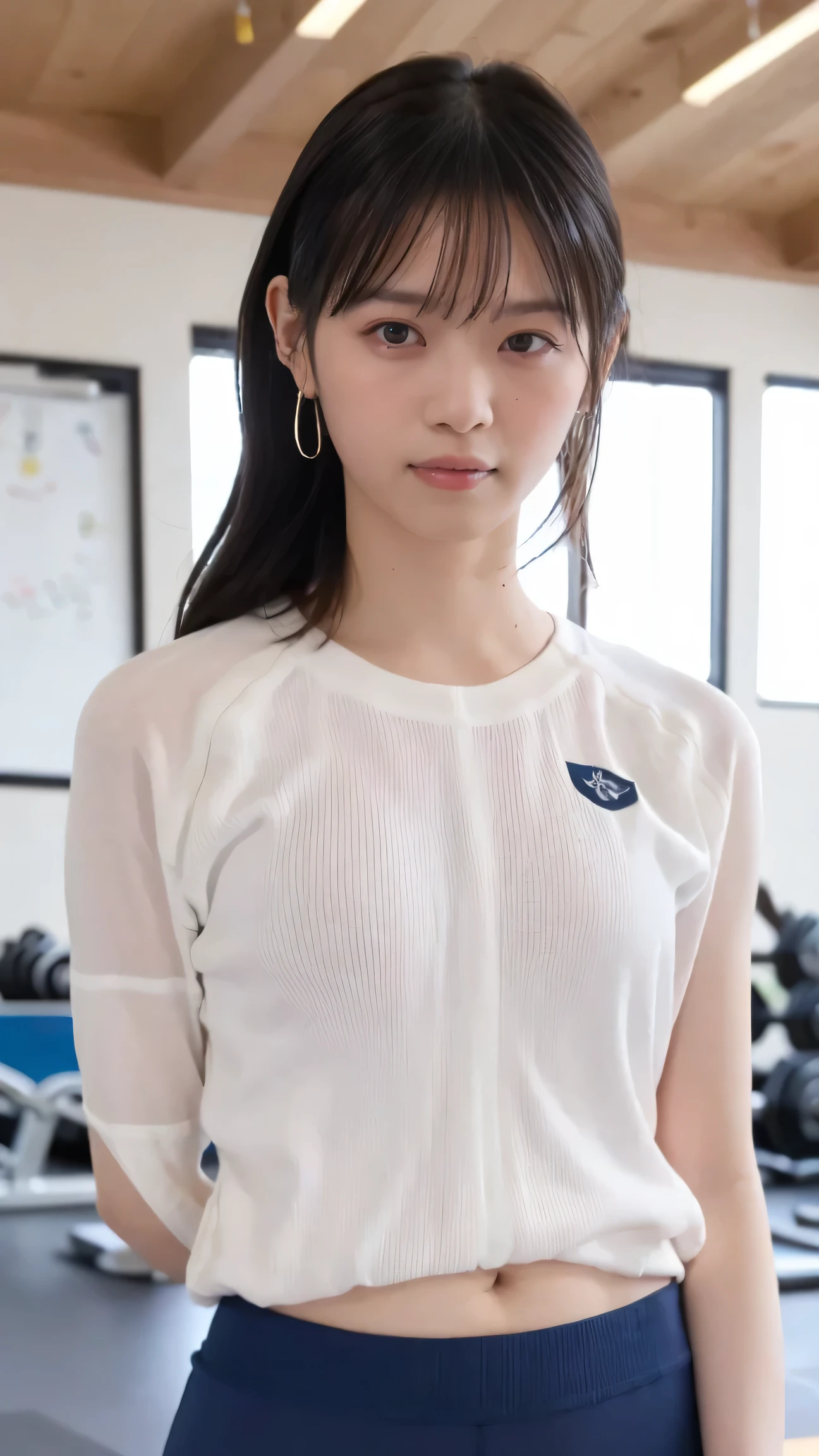 Picture taken from the front, with the left and right sides equally spaced, draw symmetrically, simple background, equally spaced left and right, stand upright, cowboy shot, (arms behind back:1.5), One cheerleader girl, 18 years old, very short hair, ((sport bra, miniskirt))