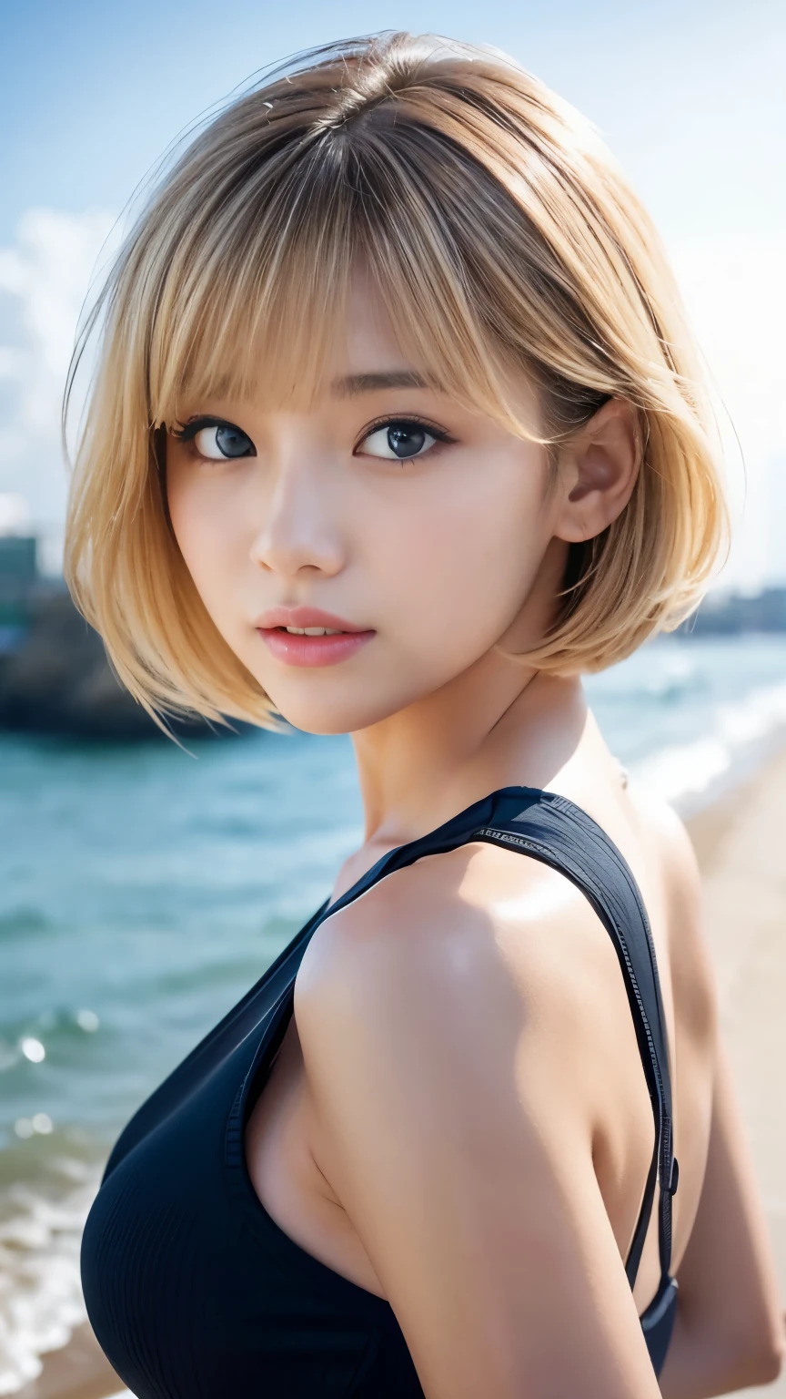 Sunburn marks on tanned skin、blush、Blonde short wavy hair,A cute 17-year-old girl with a cute look, A strong wind blows my hair in front of my face、Beautiful big sparkling eyes, Cute eyes hidden by long bangs、Yawn、No visible nasolabial folds、A short, light-colored miniskirt、A summer shirt with cute colorful patterns、Korean Beauty、Cheeks