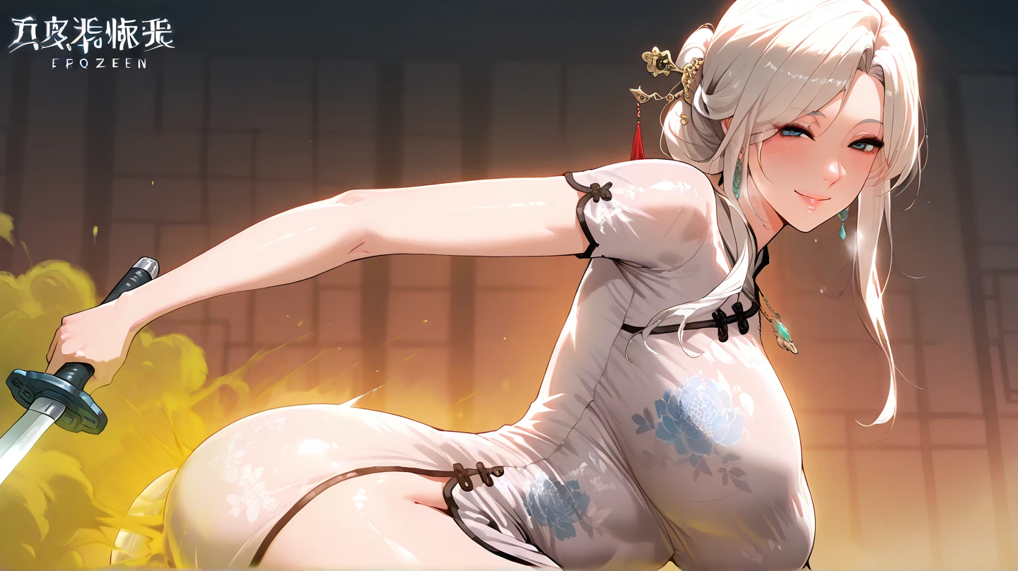 shenhe_\(genshin_impact\), hiten kei style, claude monet, oil painting, masterpiece, hyper realistic, realistic skin, best quality, 1girl, lakeside, huge breasts, huge nipples, erect nipples, looking at another, topless, full body, vector illustration, nipples, light smile, blunt bangs, long hair, stomach, navel, bare shoulders, white hair, braided, wet, soaked, raining, sarong, loincloth, black pantyhose, red tassel, magnolia leaves, autumn, sky, hands up, arched back, stretching, open mouth, bored, waterfalls, cliffs, falling leaves, resting, holding a spear, wet body