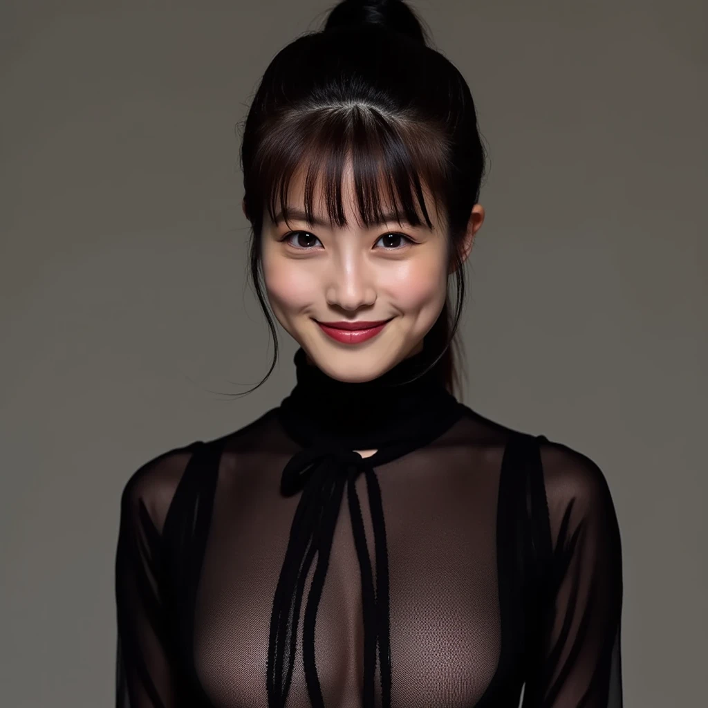 (1 woman:1.5)、(Wide forehead、Very short hair、Very small amount of hair、Forehead、Wolf Hair:1.1)、A happy expression with a slight tan、柔らかなsmile、(Ceramic-like dress),((Very sleepy、Improves skin texture,smile、Narrow eyes、Very weak eyesight、Very weak eyeliner、Half-closed eyes、I know the shape of your head、Oval Face))、(slicked back hair:1.25)、Photographic, Raw photo, Mastepiece, Highly detailed photos, Digital SLR, Photo-realistic 1.4, Super hello nothing, Best Quality,(standing、tilting your head、whole body:1.5)