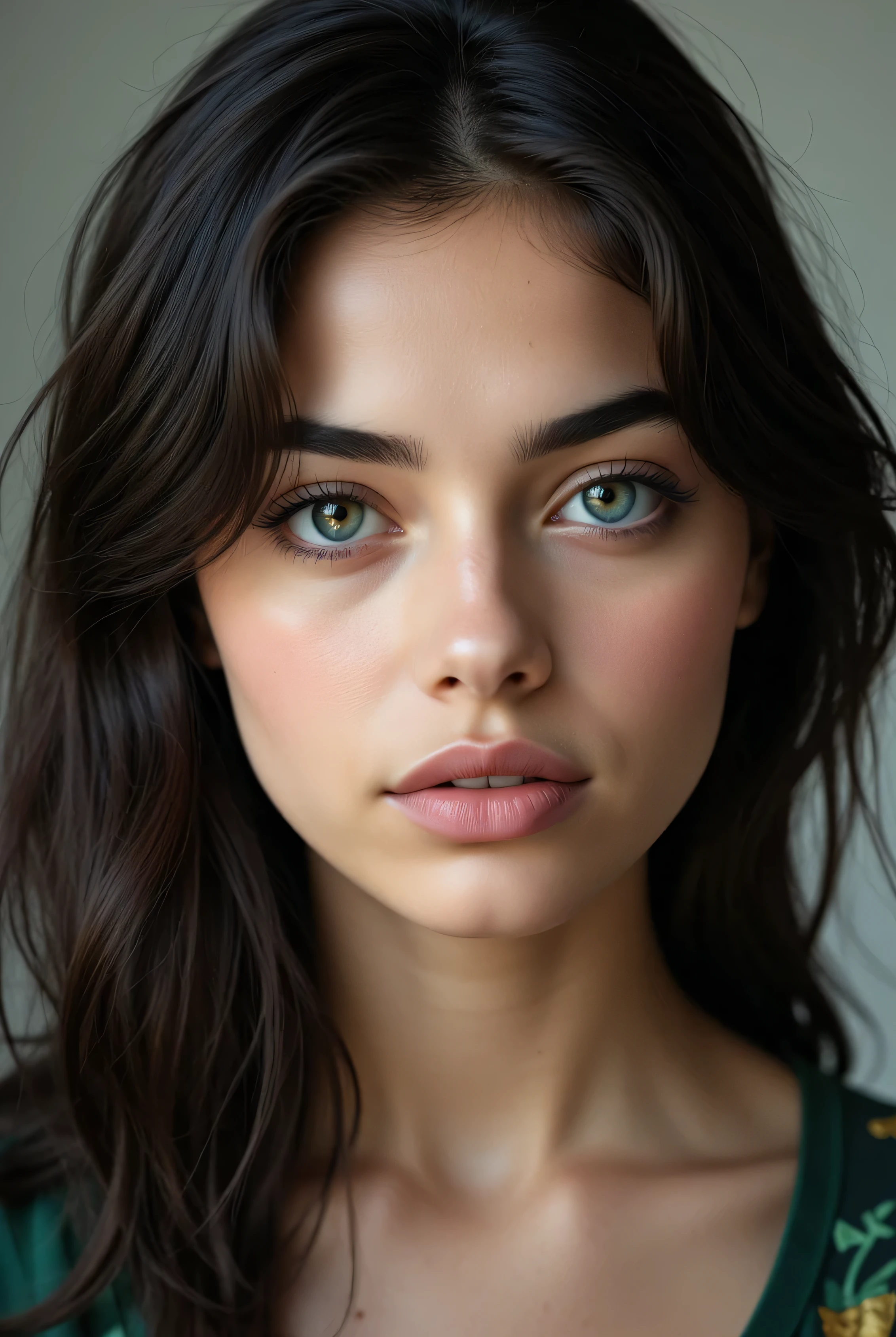 A striking young woman (19-22) with an unconventional yet mesmerizing beauty, inspired by Jenna Ortega, Zendaya, and Jessica Barden. Her defining feature is her heterochromatic eyes: the left eye is a piercing icy blue, while the right eye is a deep emerald green with a subtle golden ring around the pupil—this contrast makes her gaze unforgettable. She has a delicate, heart-shaped face with softly defined cheekbones and a slightly pointed chin. Her naturally full lips have a slight asymmetry that enhances her unique appeal. A subtly upturned nose adds charm, while bold, slightly messy eyebrows frame her eyes, adding to her raw, effortless beauty. Her dark, straight hair falls naturally, framing her face without obscuring her features. A small, natural beauty mark subtly accentuates her face, adding to her individuality. Her fair skin has a realistic texture with barely visible pores, avoiding an overly artificial look. She is looking directly at the camera, her expression enigmatic yet captivating, as if caught in a moment of quiet confidence.