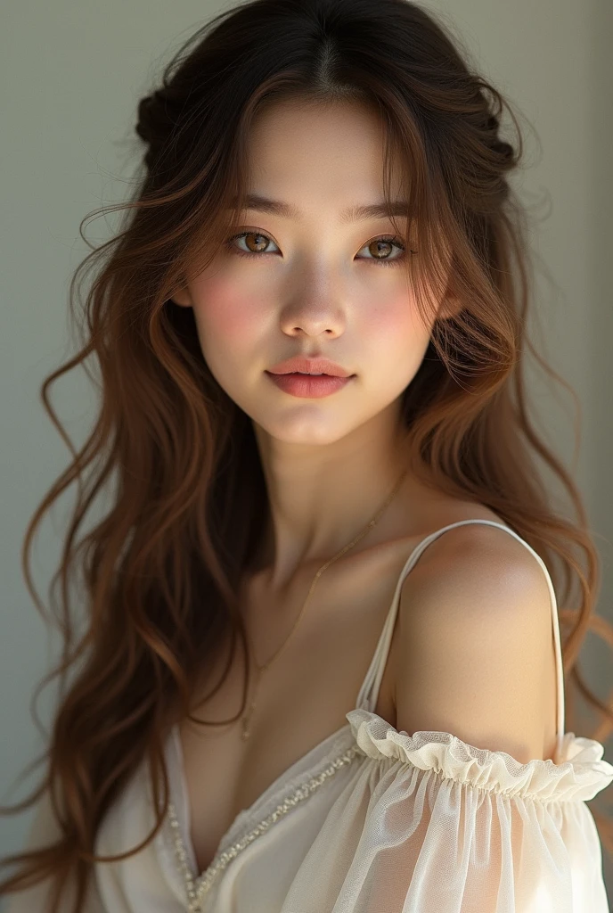 Semi-long hair down to the collarbone、high resolution、A transparent Japanese woman、Ima-ish、Elegant、White Shirt、looking at the camera、body is angled、smile、Moist and shiny hair、Thready hair、cute、Brown Hair、Beautiful young woman who looks like a model、Leaning against a wall、Big eyes、Glossy makeup、Outline of an inverted triangle、Pulp lips、face is slanted45Every time、Straight hair that fits the face、The tips are heavy、Beige sheer top that covers the chest、Do not show your chest、Attractive features、Big eyes、Outward layer style