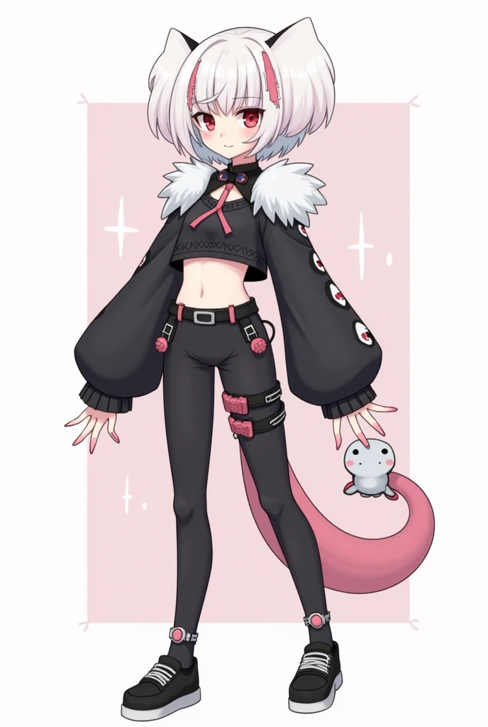 colorful, white skin, white hair with pink tips, tan sweater with skull, ear piercings, tongue piercing, tight black shorts, black choker, 3girls,