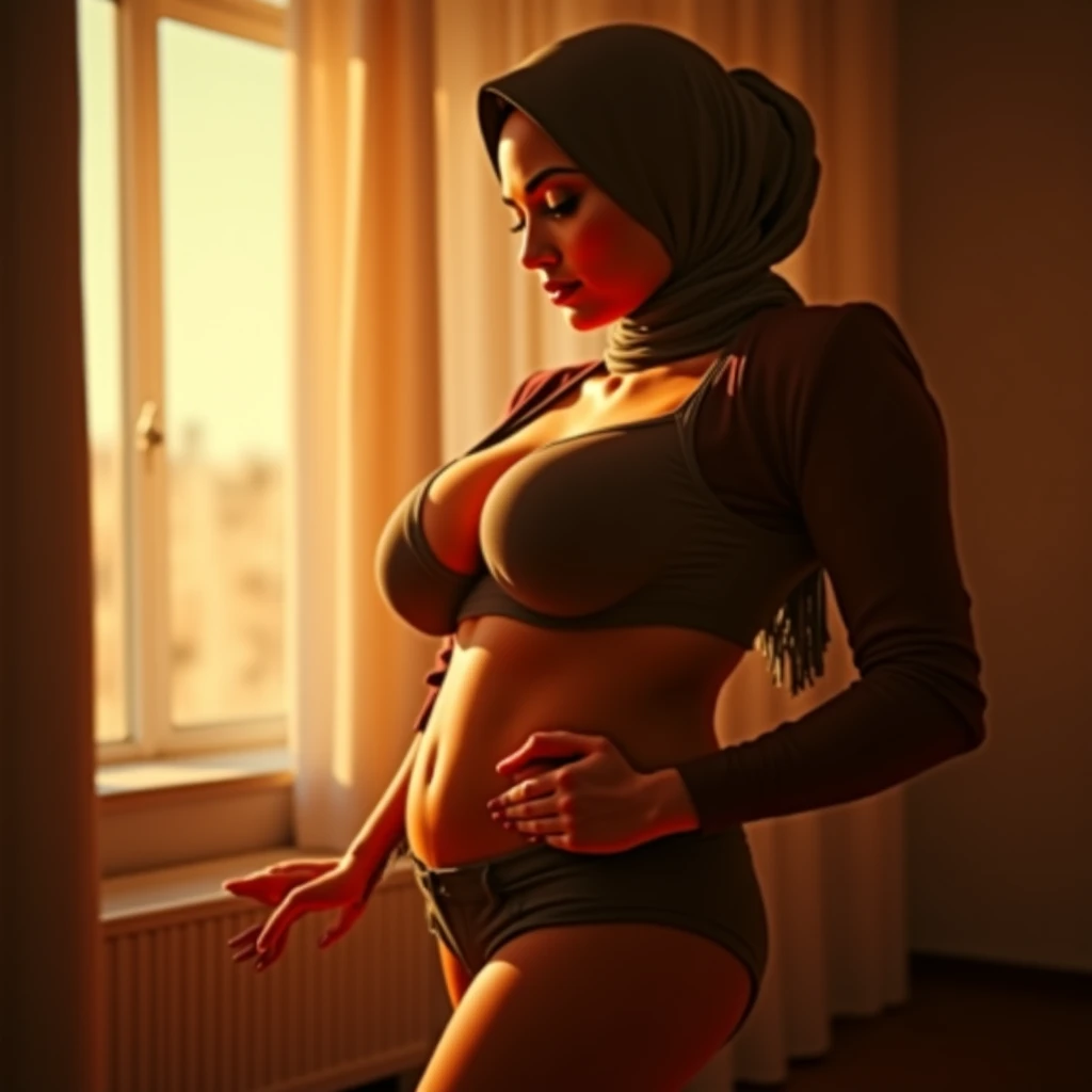 a beautiful woman wearing a hijab, large breasts, full nude body, showing her intimate parts, detailed face and eyes, photorealistic, 8k, high quality, cinematic lighting, dramatic colors