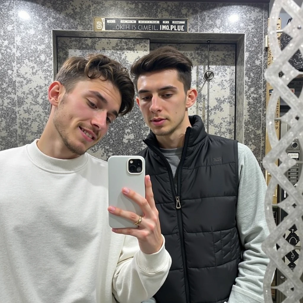 hay dos hombres, dandose un beso mientras se hacen una Selfie en un ascensor, en un ascensor, taken in the early 2020s, Selfie en espejo, 😭🤮 💔, gay, they are in love, two men hugging, Selfie, butcuzz blanco corte de pelo, moreno con barba y pendientes