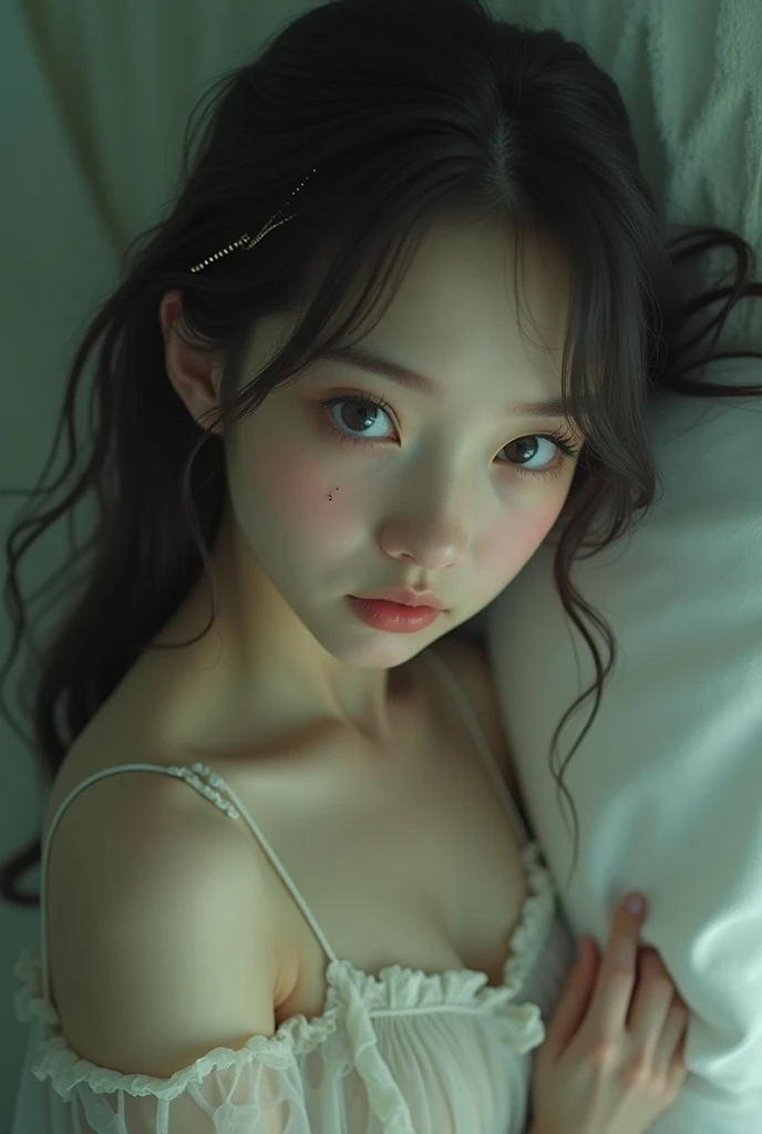 Sexy Woman, Open your mouth, Very deep blush, Red nose tip, Long neck, Medium Chest, Visible Cracks, Bedroom, Warm lighting , Lying in bed, Put your head on the pillow, look up 、uniform、OL、Clothing